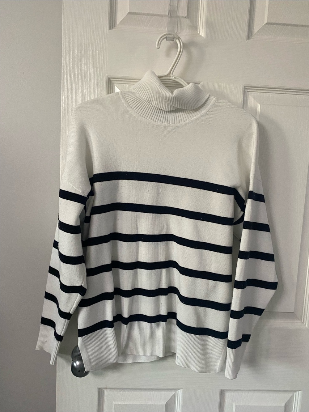 Classic White & Black Striped Turtleneck Sweater